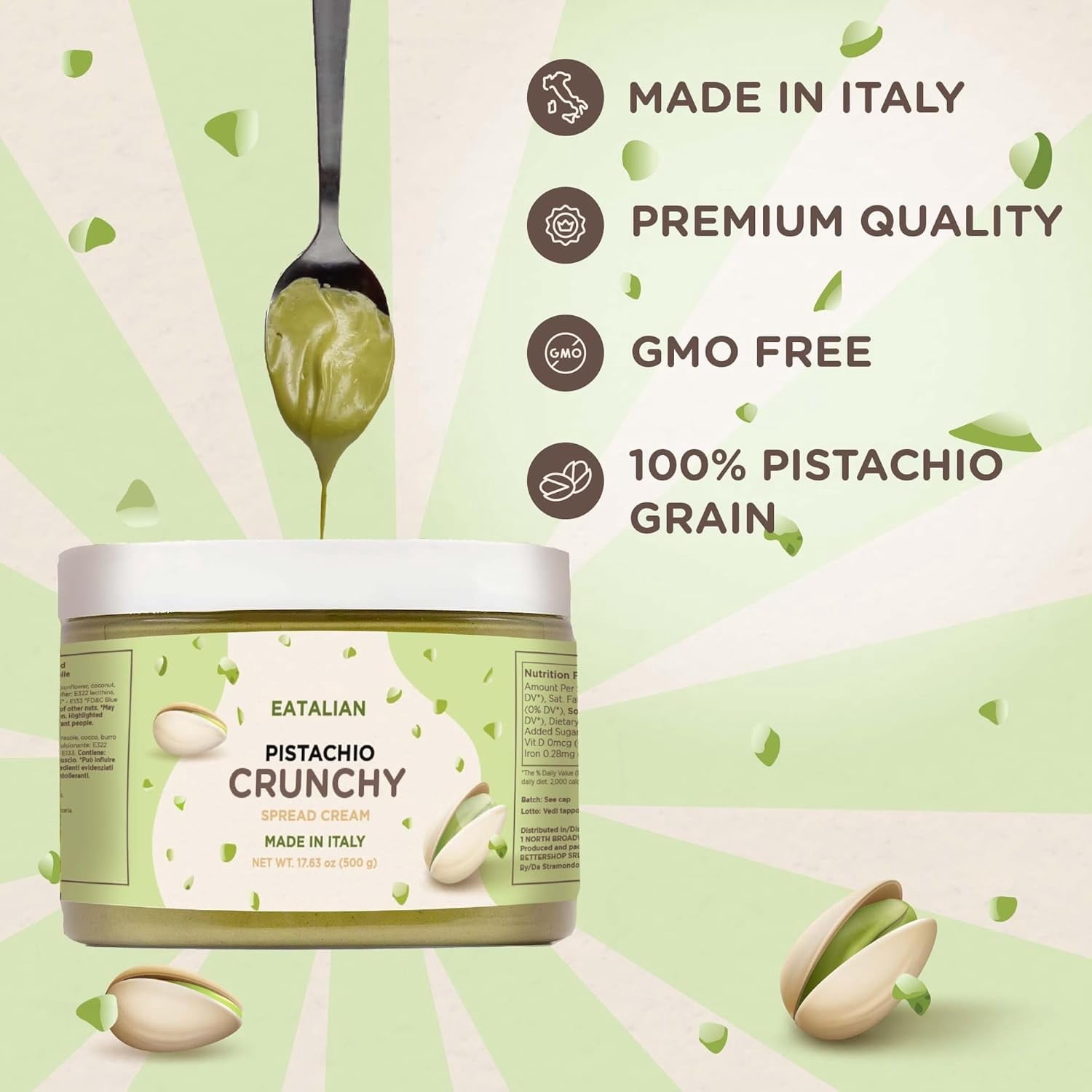 EATALIAN by AMZ BETTER Spreadable Crunchy Pistachio Cream 17.63 oz/500 gr, Pistachio Cream with Grains, Protein Paste, Sweet Taste, Ideal on Bread and Excellent for Dubai Chocolate, Made in Italy