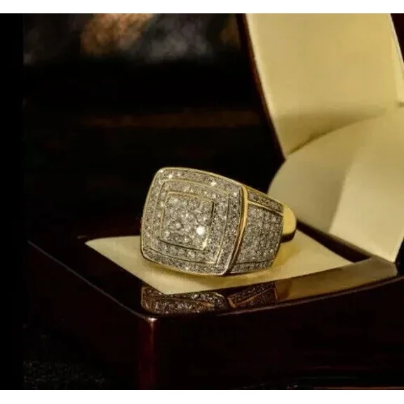 2 CT Round Cut Lab Created Diamond Men's Ring 14K Yellow Gold Plated Silver