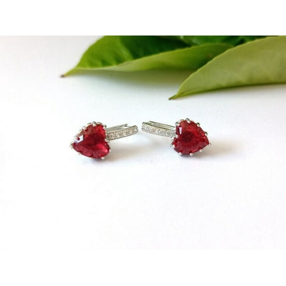 Ruby Heart Sterling Silver Earrings, Birthstone Earrings,