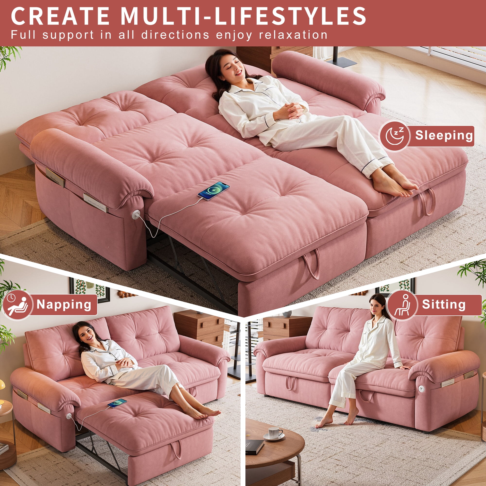 LLappuil 77" Pull Out Sofa Bed Queen Size, Loveseat Sofa Convertible Sleeper Sofa Bed, Flannelette Fabric Sofa Couch for Living Room Pink