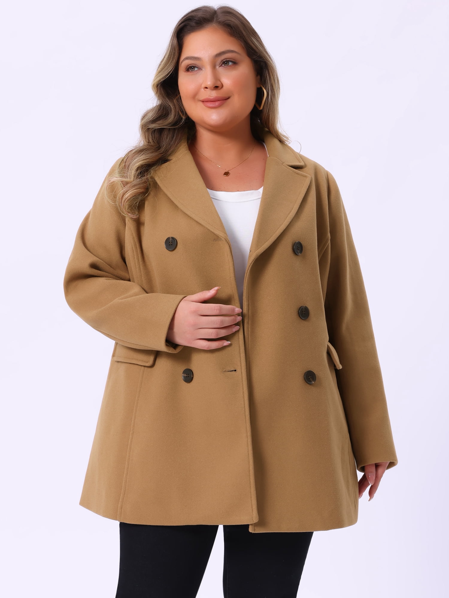 DARING DIVA Women's Plus Size Notched Lapel Double Breasted Long Coat 4X Camel