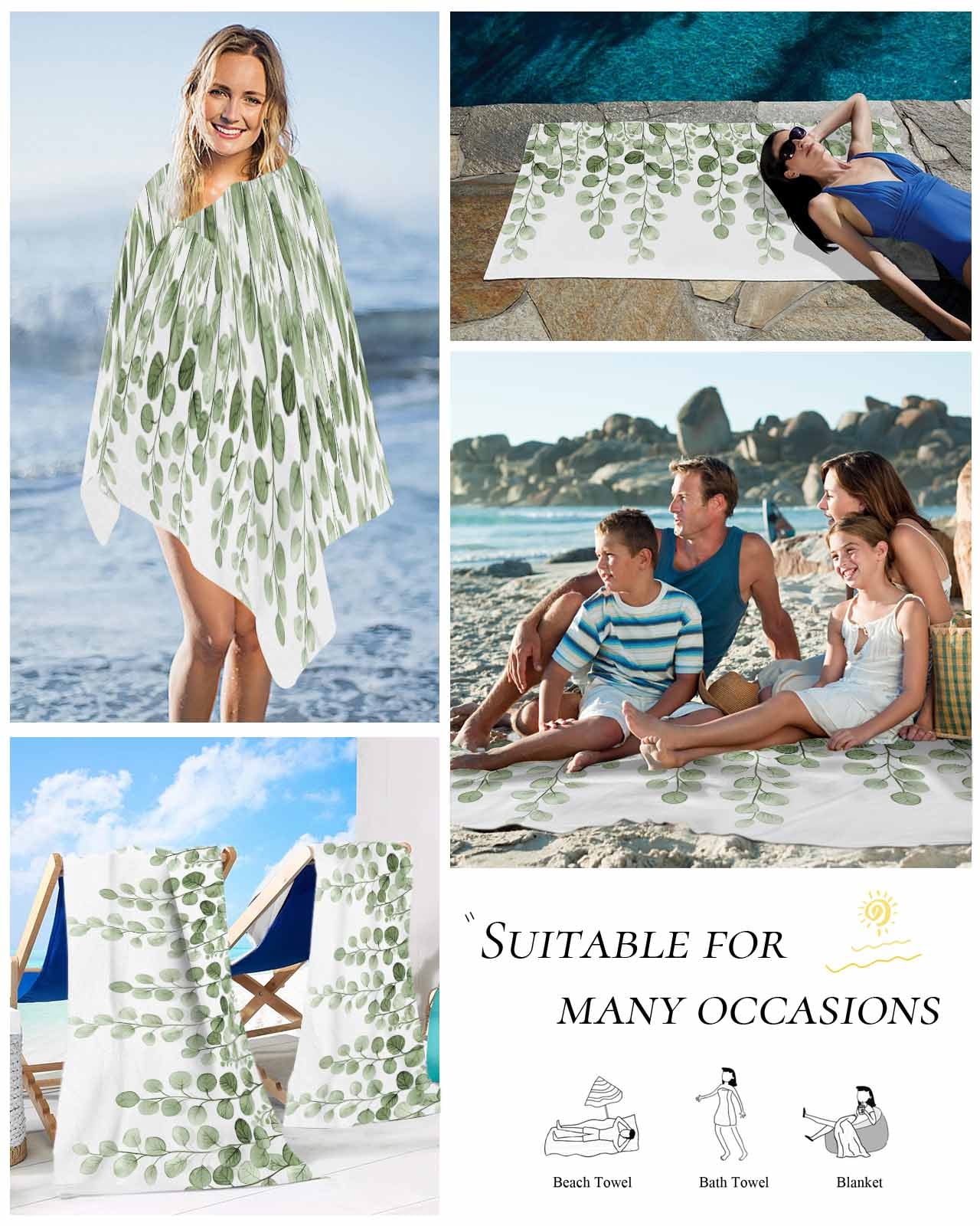 Sage Green Eucalyptus Leaves Beach Towels Oversized Super Absorbent, Spring Country Botanical Lightweight Bath Towel Quick Dry Sets For Bathroom/Pool/Rv Camping/Beach Play/Gym Room/Picnic 30"x60"