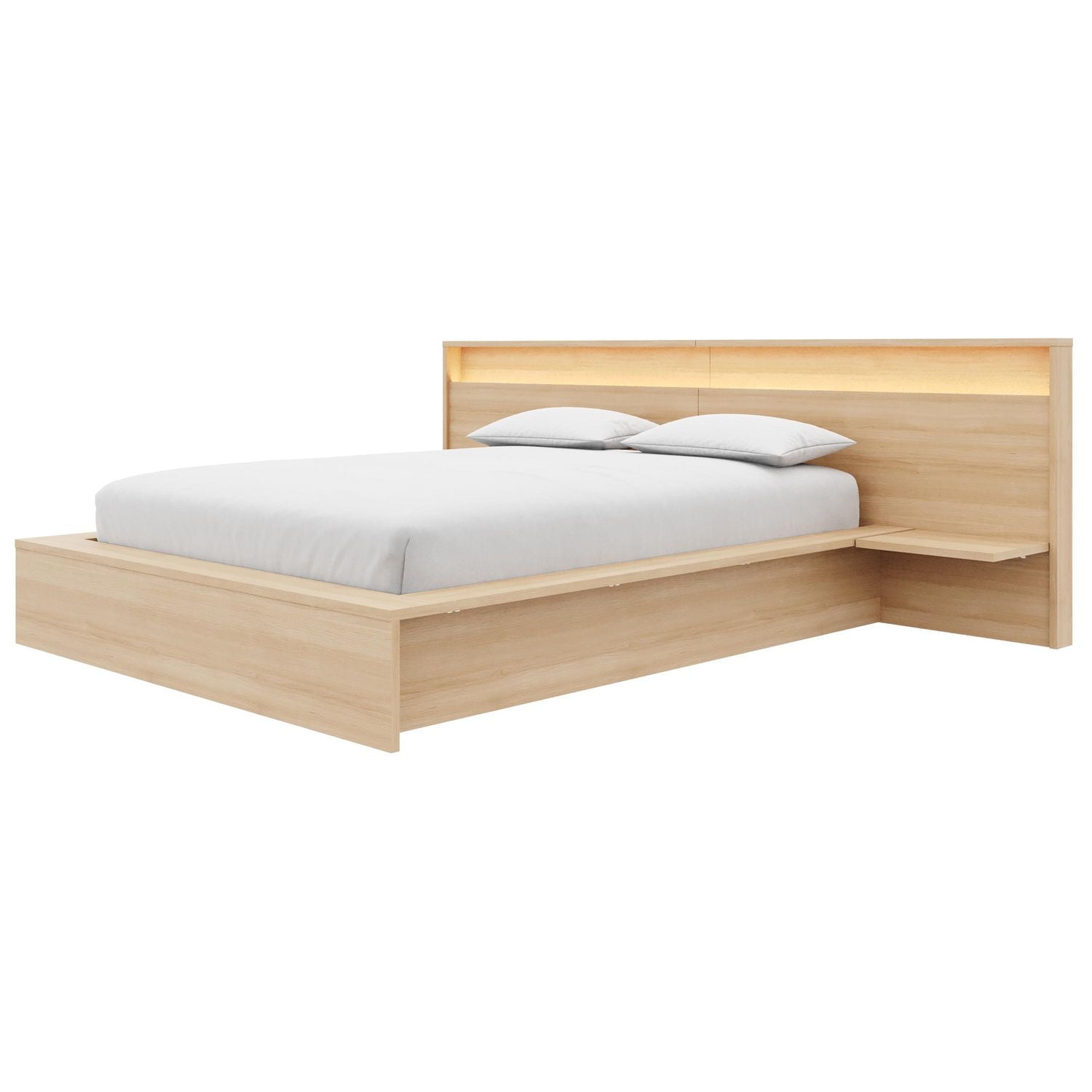 Luna Bedroom Set with Slatted Bedframe, Wide Headboard with Lights and Shelves