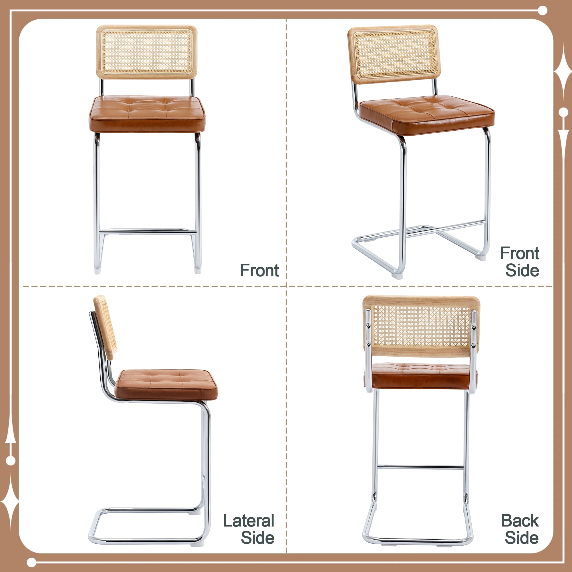 Zesthouse Rattan Counter Height Bar Stools Set of 2, 26″ Faux Leather Counter Height Barstool with Cane Back, Mid Century Modern Bar Chairs for Kitchen Island, Brown