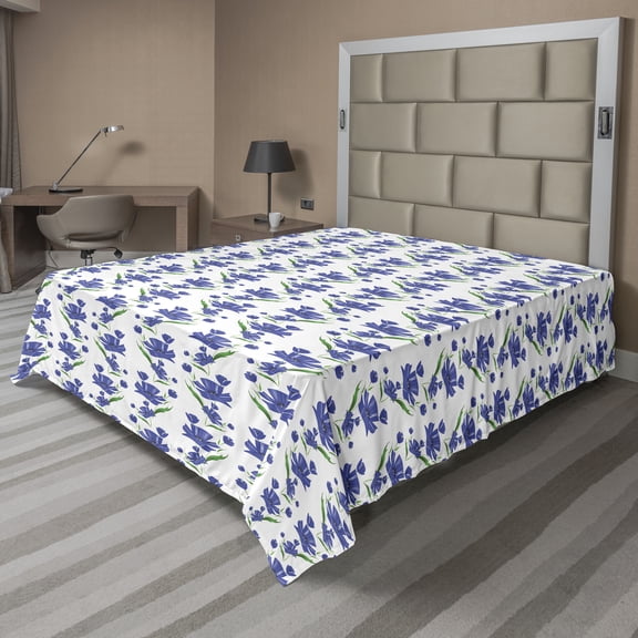 Ambesonne Flower Flat Sheet, Cornflower Shabby Art, Full Size, Violet Blue Forest Green