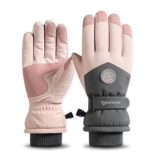 Guantes de esquí impermeables con pantalla táctil para mujer/guantes de invierno impermeables con pantalla táctil cálida y fría para mujer, correas para la muñeca, rosa, morado y gris