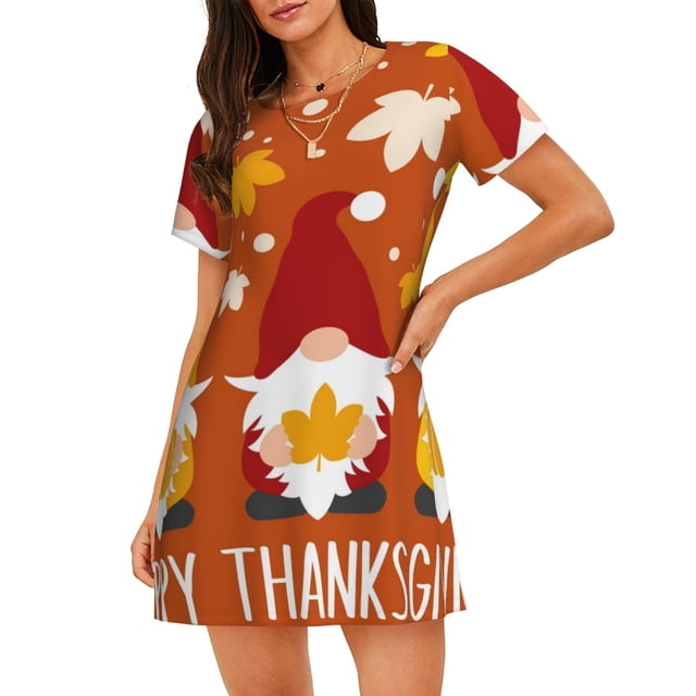 Balery Happy Thanksgiving Three Gnomes Camisón de manga corta con cuello redondo para mujer, cómodo y elegante.