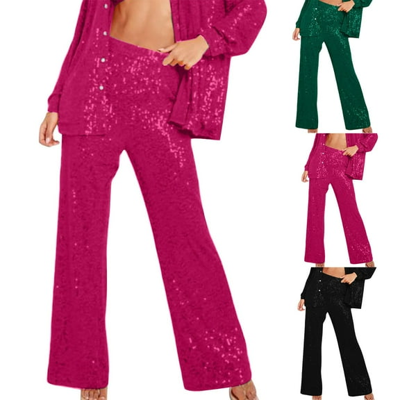 PXLKNZH Women's Glitter Sequin Pants Casual Loose Fit High Waisted Straight Leg Pants Bling Y2K Streetwear Party Club Pants Black,S