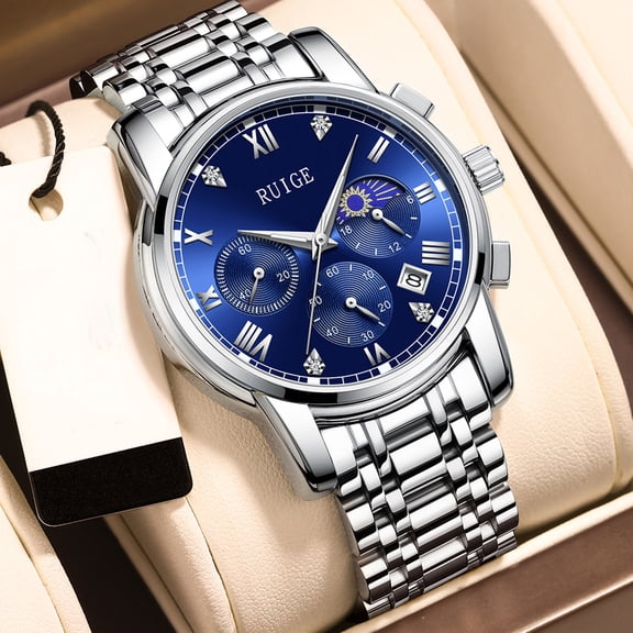 RUIGE Luxury Multi functional Men's Watch Stainless Steel Men's Night Light Waterproof Fashion Watch