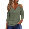 thumbnail image 3 of Sudadera con capucha para mujer,Blusa informal de poliéster con hombros descubiertos para mujer, cuello en V y mangas 3/4, tejido ligero y transpirable, para uso diario, sopatenor, 3 of 8