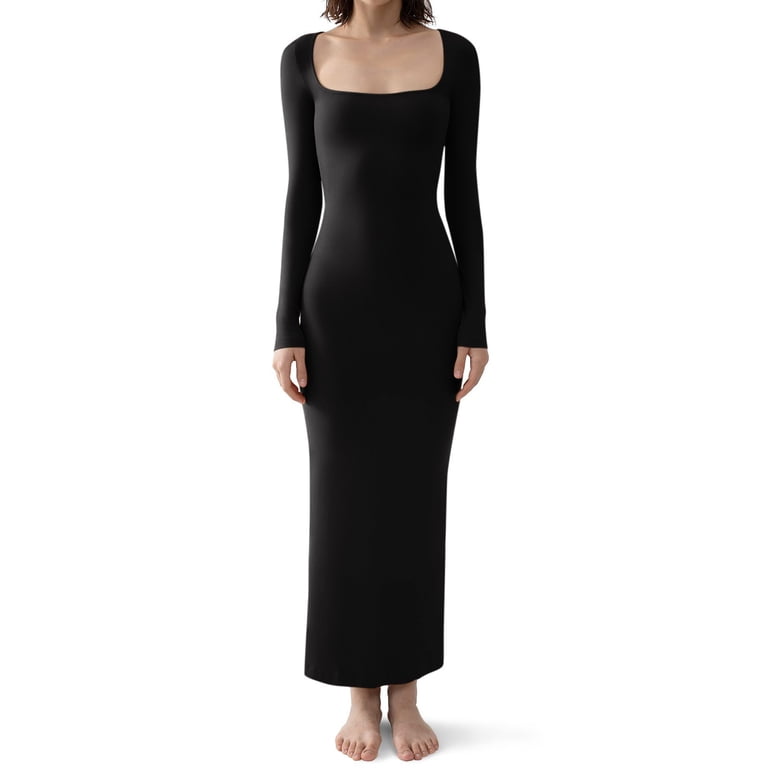 IDALL Maxi Dresses,Casual Dresses Women's Square Neck Long Sleeve Maxi Dress  Soft Ribbed Bodycon Dresses For Women Long Sleeve Dress,Long  Dresses,Bodycon Dresses Black Dress L - Walmart.com