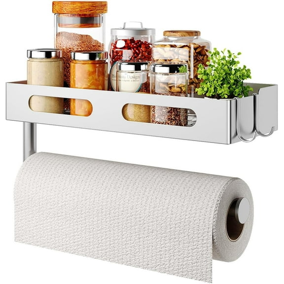 Paper Towel Holder Wall Mount for Kitchen, Paper Towel Holder with Shelf for Bathroom, RV Paper Towel Rack with 2 Hooks, Silver