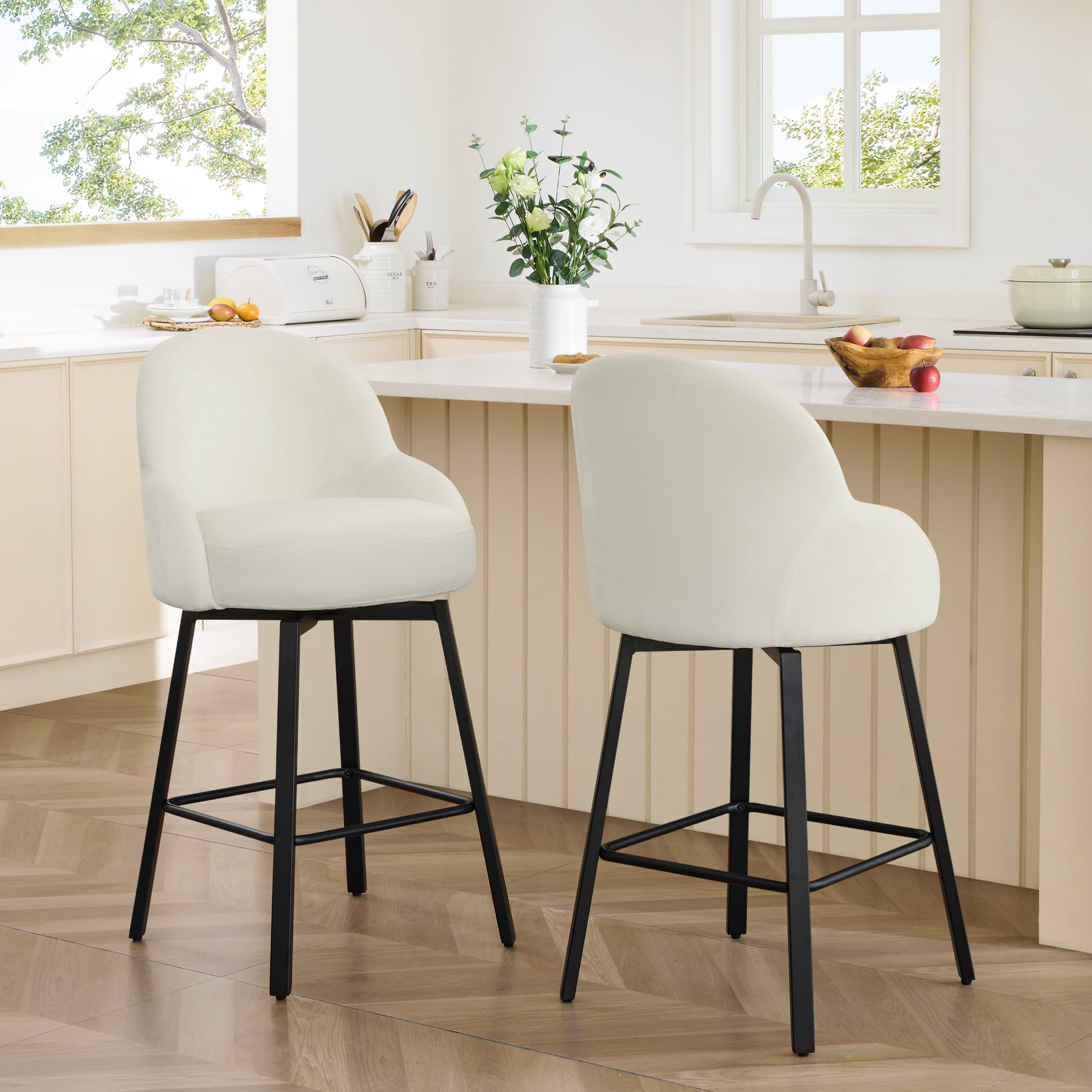 Spruce & Spring Counter Height Swivel Bar Stool with Upholstered Seat and Footrest Set of 2, Ivory