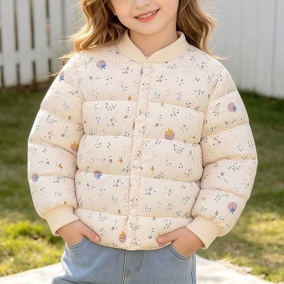 Spazoro Girls Padded Jacket with Side Pockets, Long Sleeve Regular Fit Baseball Collar Animal Floral Print Elastic Cuffs Lightweight Insulated Outerwear for Kids Multicolor Size 4-5 T
