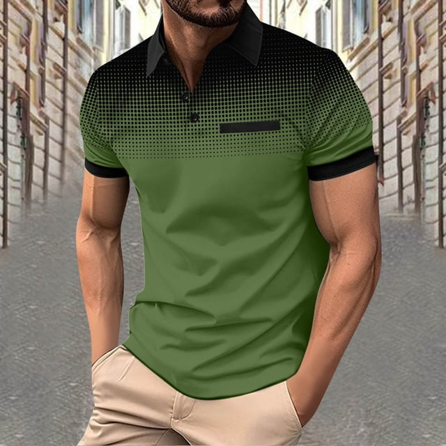 Blusa y camisa de manga corta con cuello vuelto para hombre, con solapa degradada de lunares y botones, deportiva, de poliéster