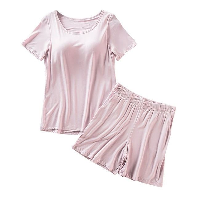Kelon Vêtements de Nuit pour Femmes Liquidation Pyjamas Mélangés pour Femmes Pyjamas d'Été Décontractés pour Femmes Ensemble Haut à Manches Courtes avec Bretelles et Coussinets de Poitrine et Shorts