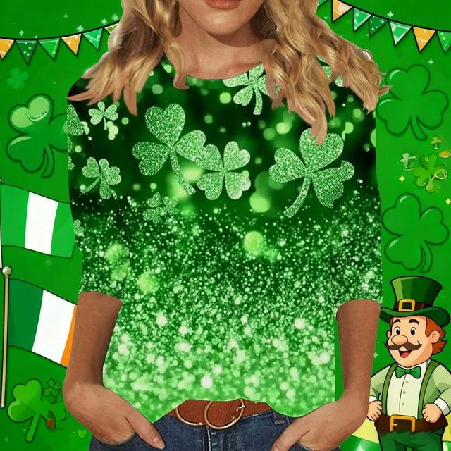 Xuyuer Womens 3/4 Sleeve St. Patrick's Day T-Shirts Crew Neck Spring Graphic Tee Tops Cute Tunic Tops Basic Tees Blouses Business Work Tee Top Merry and Bright Graphic Tee Tops