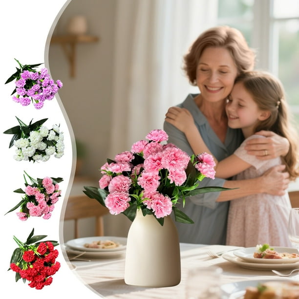 Ramo de Claveles de Seda 3D - Flores Artificiales Rosas, Rojas y Blancas para El Día de La Madre, Decoración Del Hogar y Fiestas - 35 Cm de Alto con Césped y Hojas de Plástico