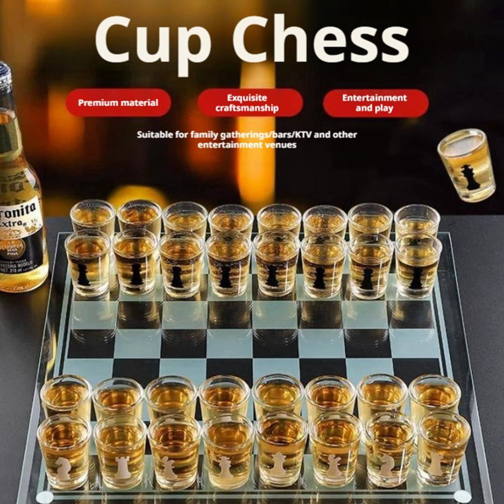 Glass Chess Set with 32 Shot Glasses for Adult Drinking Game and Home Decor