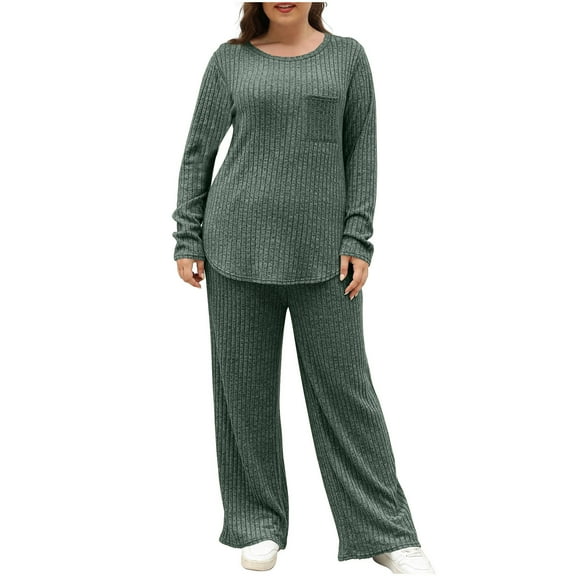 STETMN Women's 2 Piece Loungewear Outfits Ribbed Knit Crewneck Top Loose Soft Pant Warm Sets
