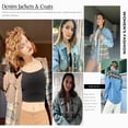 thumbnail image 4 of SHEWIN Women‘s Denim Jacket Plaid Patchwork Shacket Long Sleeve Button Down Oversized Jean Jacket Coat Green, 4 of 6