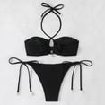 thumbnail image 4 of Sevevn Women's Textured Bandeau Bikini Set Halter Shell Decor Side Tie Thong Two Piece Swimsuit Black M, 4 of 7