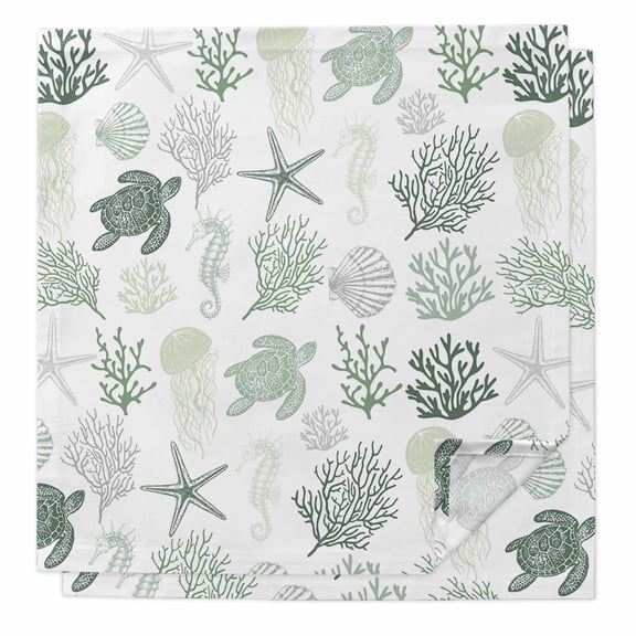 Cloth Napkins Set of 2 - 20x20 Inches, Sage Green Coastal Washable Reusable Table Napkins, Nautical Summer Beach Coral Sea Turtle Soft & Absortbent Dining Napkin for Party Wedding Hotel Restaurant