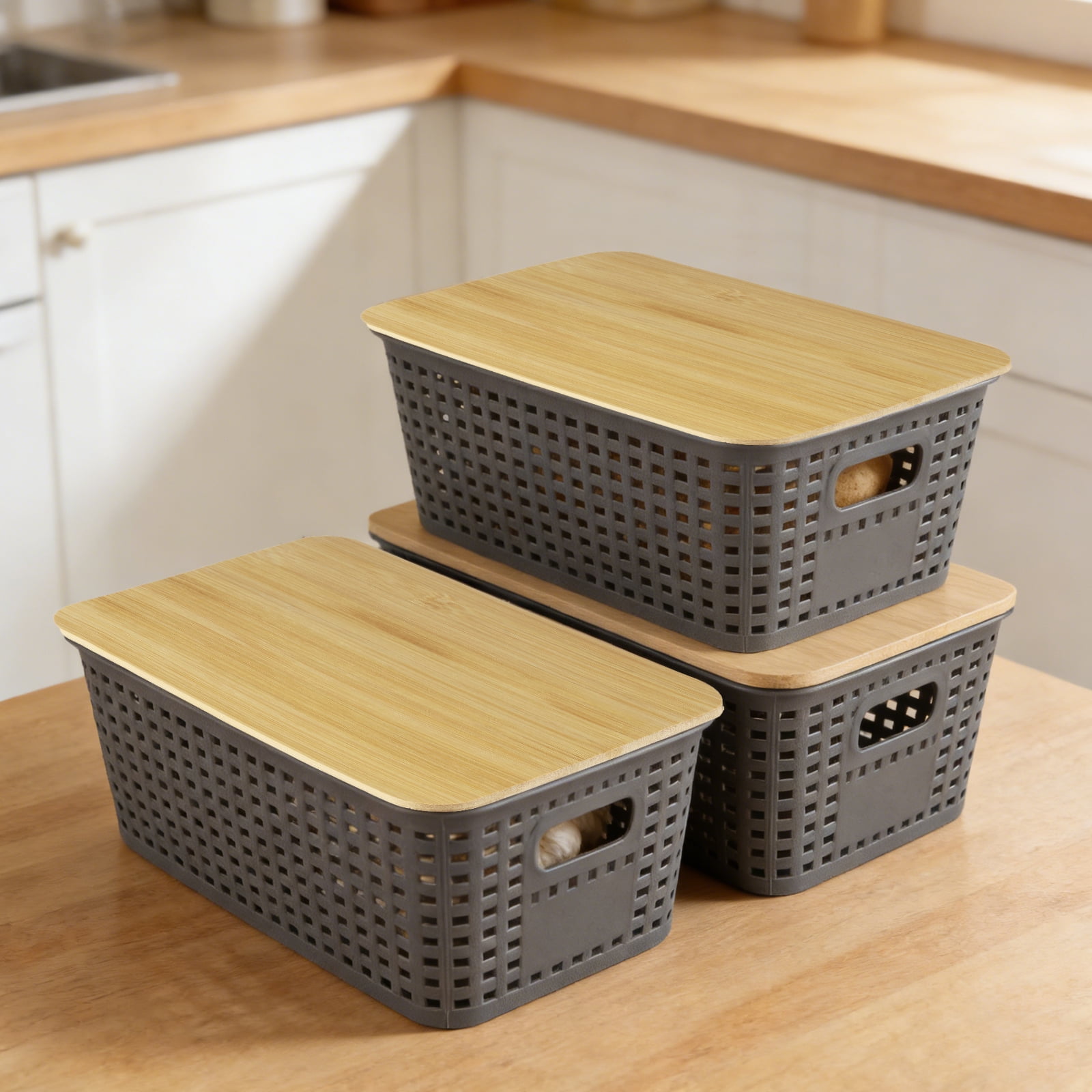 Pethiy 3-Piece Storage Set with Bamboo Lids, Ventilated Potato & Onion Bins with Handles, Pantry Organizer for Vegetables, Fruit & Snacks