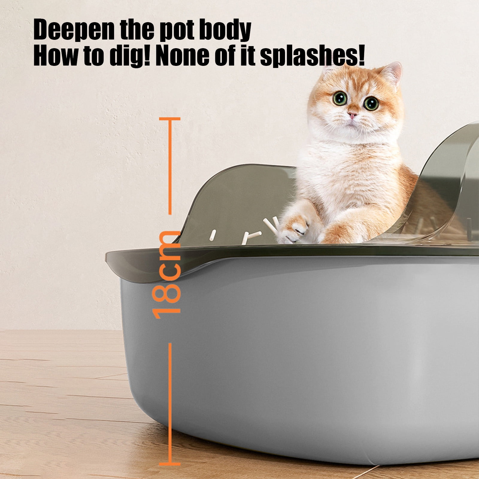 Grey Large Capacity Cat Litter Pan Semi Enclosed With High Sides 12L Thickened Plastic Includes Litter Scoop