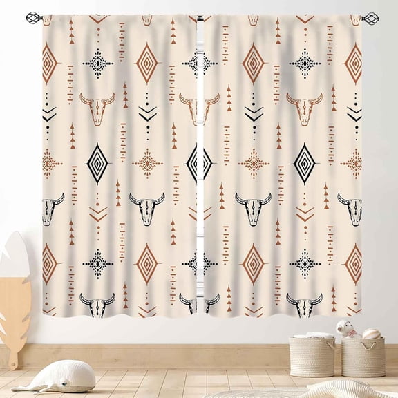Western Curtains, Rustic Retro Aztec Bull Skull Southwest Tribal Ethnic Farmhouse Rural County Cowboy Boho Beige Western Window Drape Treatments for Bedroom Living Room Kitchen, 52"x84" Inch
