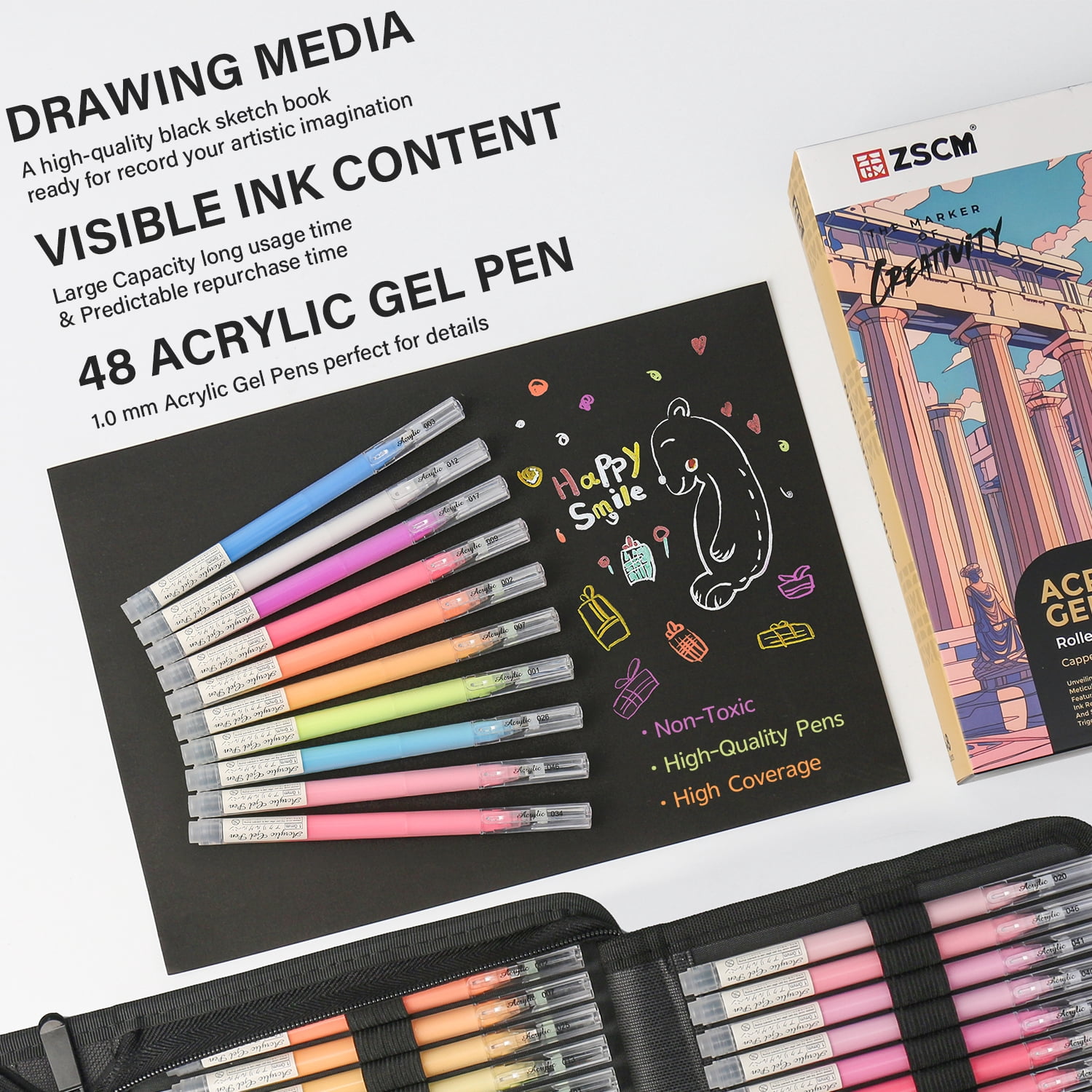 Black Paper Sketchbook & 48 Colors Acrylic Gel Pens for Drawing, 1mm Fine Point Acrylic Ink Pen for Black Paper, Sketching, Illustration, Card Making