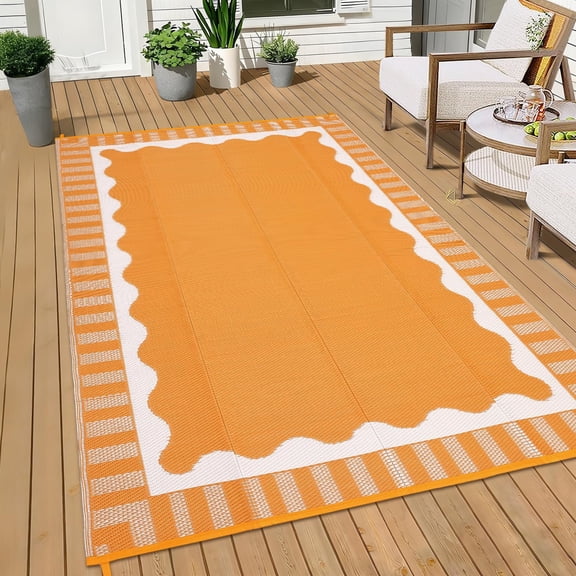Large Waterproof Outdoor Rug 9x18 Outdoor Patio Rug, Modern Scalloped Reversible Plastic Straw Camping Rugs, Bordered Outside Carpet for Picnic Backyard Deck Balcony Trailer, Orange