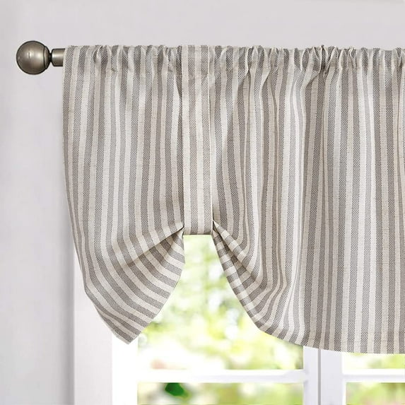 Vangao Kitchen Valance Linen Stripe Short Curtain 1 Panel Farmhouse Country Pinstripe Light Filtering Rod Pocket Window Treatment 18 inch Grey on Beige