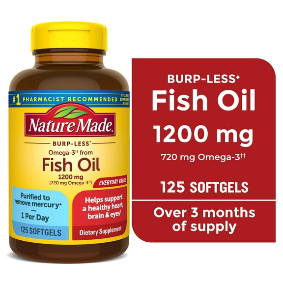 Nature Made Burp Less Omega 3 Fish Oil 1200 mg Softgels, Fish Oil Supplements, 125 Count