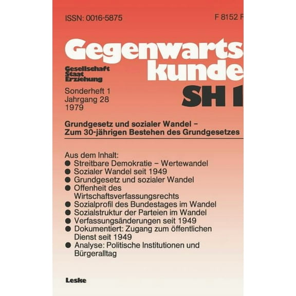 Gegenwartskunde - Sonderheft Grundgesetz Und Sozialer Wandel -- Zum 30. Jahrestag Der Verfassung Der Bundesrepublik Deutschland, Book 1, (Paperback)