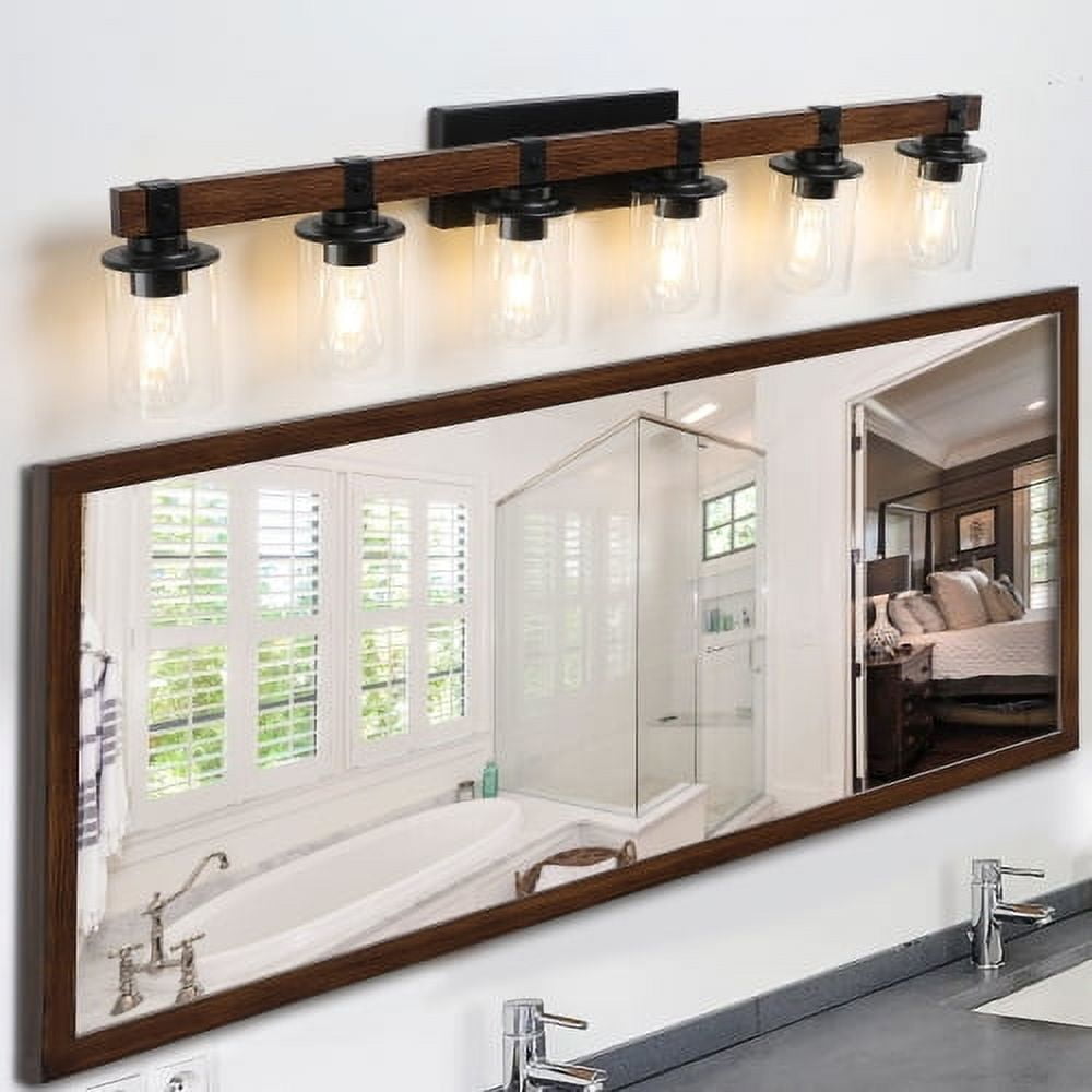 Hi-LIGHTS,6-Lights Farmhouse Rustic Bathroom Light Fixture with Glass Lampshade(Bulbs Not Included),Vanity Lights Fixture for Bathroom,Dressing Room,Bedroom,Living Room(Black)