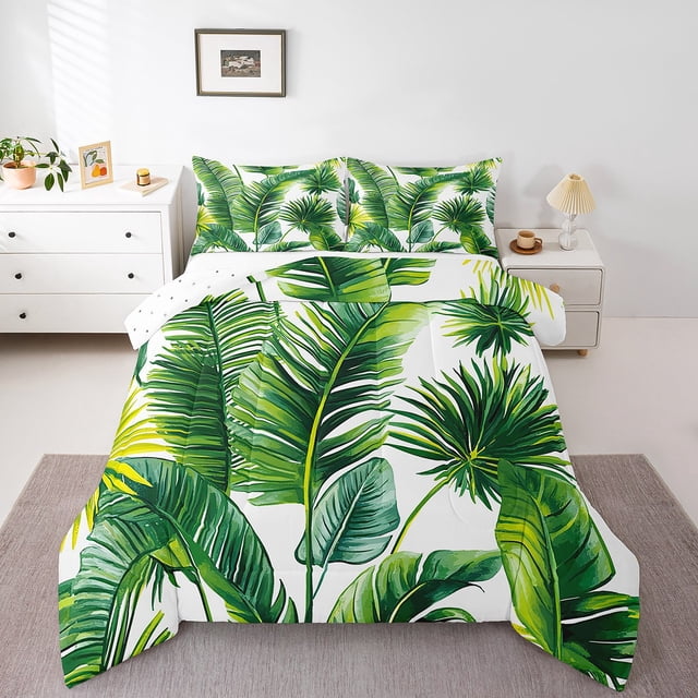 Erosebridal Tropical Palm Tree Leaves Bedding Comforter Set, Botanical Plants Down Comforter, Reversible 2 Pieces