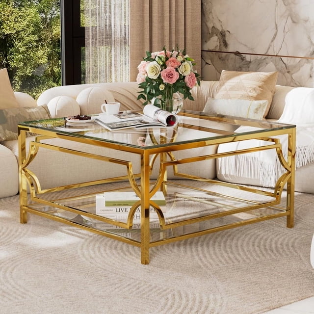 Table Basse Carrée en Verre Trempé de 33,5 Pouces, avec Cadre Métallique Géométrique Luxueux, Fini Or et Tablette de Rangement Inférieure, Table d'Appoint Moderne pour Salon et Bureau à Domicile (Transparent)