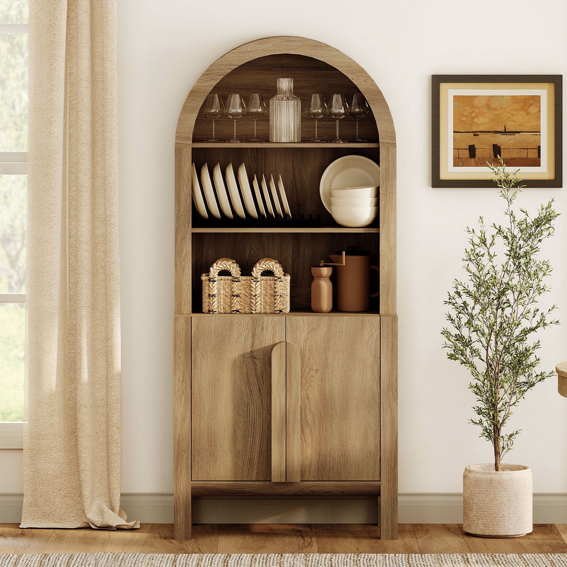 71" Tall Arched Kitchen Pantry Cabinet, Wood Bookcase Display Cabinet With Doors And Adjustable Shelves, Mid-Century Modern Versatile Cupboard For Dining Room, Bedroom