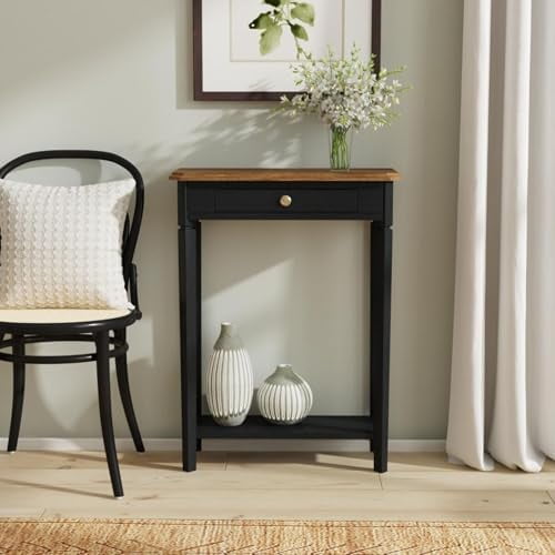 Marnie Console Table – 23.75” Black Narrow Entryway Piece with Storage Drawer & Shelf – Handcrafted Solid Wood Accent for Small Spaces$$Furniture
