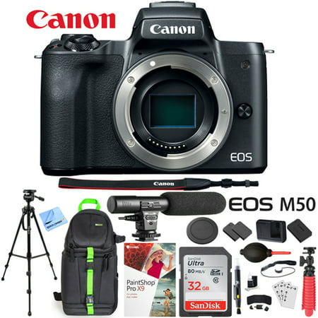 Canon EOS M50 Mirrorless Camera Body with 4K Video (Black) Deluxe 32GB Triple Battery Bundle with Shotgun Mic, Backpack, Tripod and