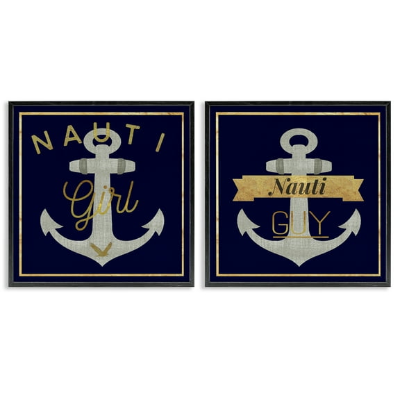 Stupell Industries Nauti Girl & Guy Anchors Nautical & Beach Painting Black Framed Art Print Wall Art, 12 x 12, Set of 2