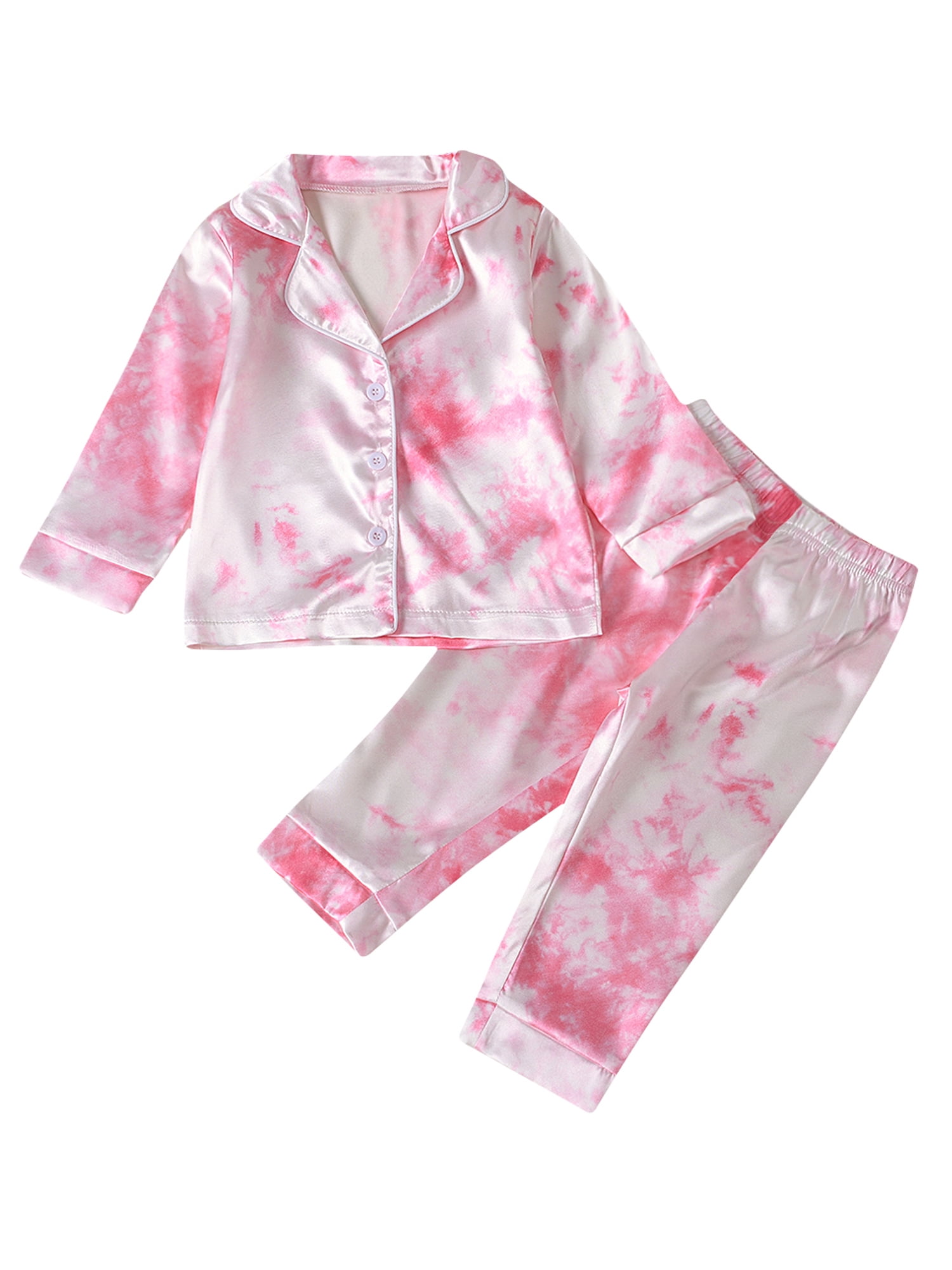 Toddler Baby Kids Satin Pajamas Set Long Sleeve Button-Down Sleepwear PJs for Girls