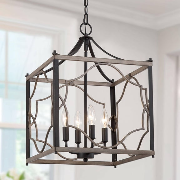 LNC Paeonia 4-Light Black and Wood Lantern Chandelier with Geometric Frame