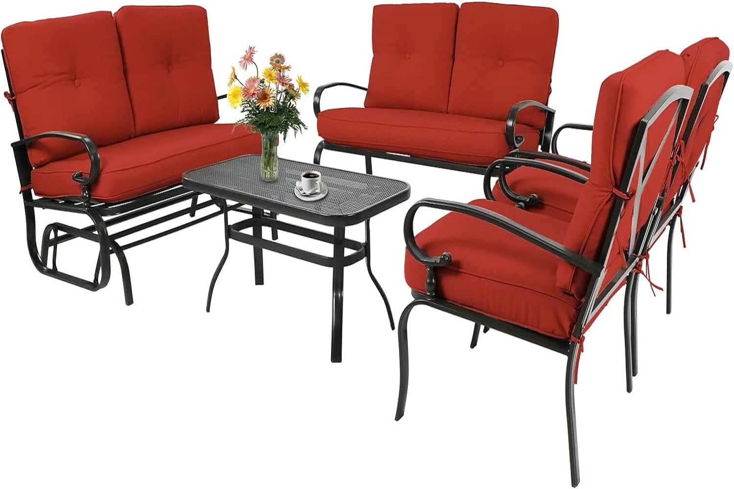 SOLAURA 5-Piece Outdoor Metal Furniture Set Patio Wrought Iron Conversation Set (Patio Swing Glider, 2 Patio Chairs, Loveseat with Coffee Table), Red