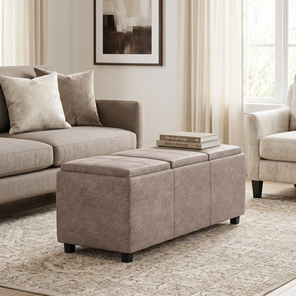 Simpli Home Avalon 42" Faux Leather Storage Ottoman in Distressed Gray Taupe