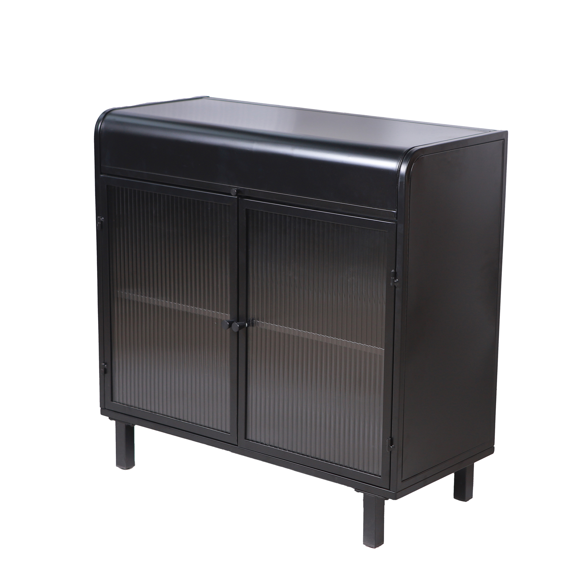 Leumius Modern Sideboard Buffet Cabinet with Tempered Figured Glass Doors, Flip Top, Inner Shelves, Metal Frame Storage Console for Dining Room, Kitchen, Living Room & Entryway (Black)