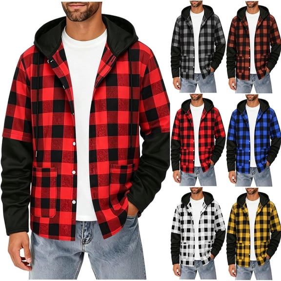 Snorda Plaid Long Sleeve Shirts for Men Fahshion Hooded Button Up Shirt Jacket with Pockets Casual Soft Loose Comfy Lightweight Shirts for Fall Winter Daily Layering Wear