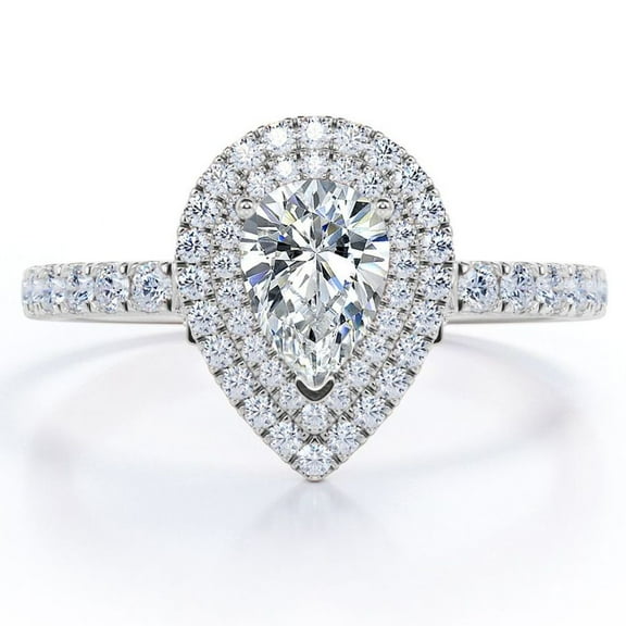 JeenMata 1.25 Carat Pear Cut - Duo Halo Setting - Pave Design Engagement Ring - 18K White Gold Plating over Silver