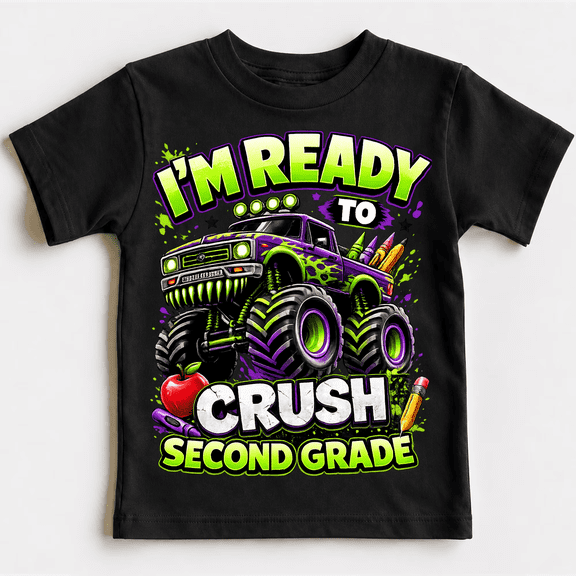 Godmerch Boys Back To School Cotton Shirt Monster Truck Second Grade Graphic Tee
